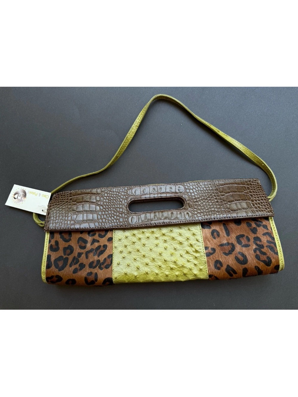 Cleo & Patek Paris Ostrich Leather Calf Hair Fur Leopard Handbag